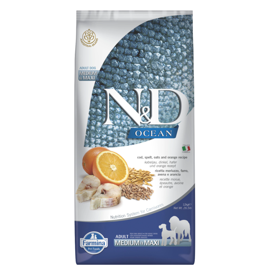 N&D Ocean Medium&Maxi Morina Balıklı ve Portakallı Orta ve Büyük Irk Yetişkin Köpek Maması 12 kg