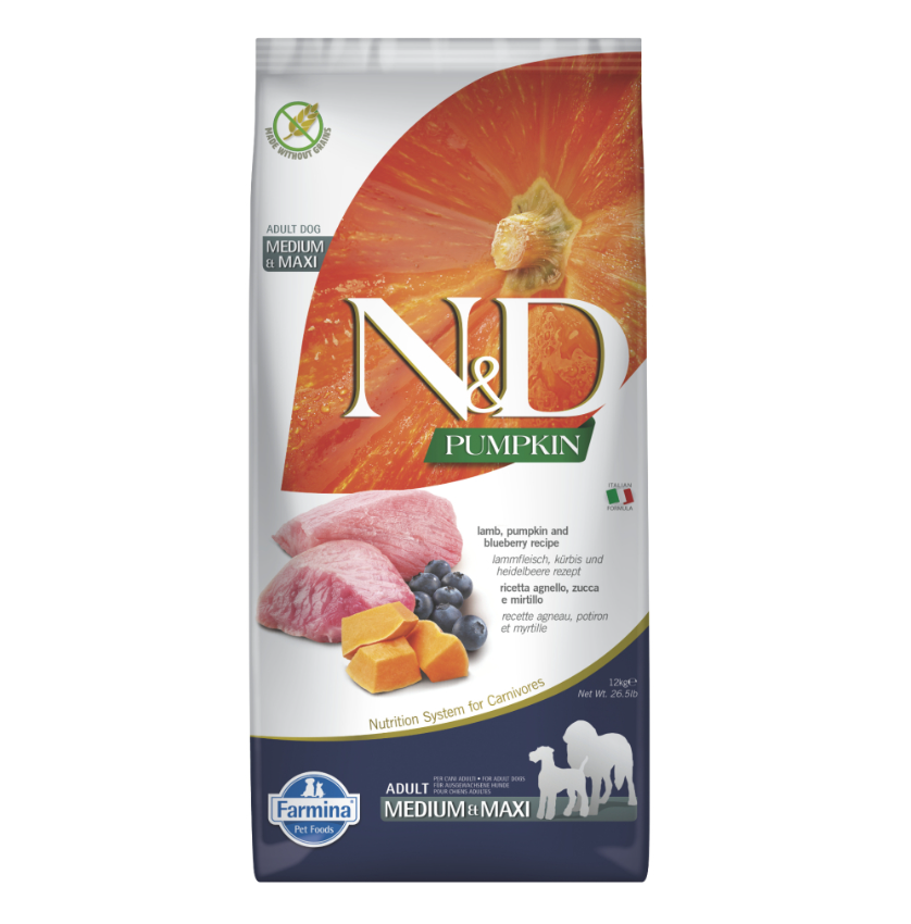 N&D Pumpkin Bal Kabaklı Kuzulu Yaban Mersinli Orta ve Büyük Irk Tahılsız Yetişkin Köpek Maması 12kg