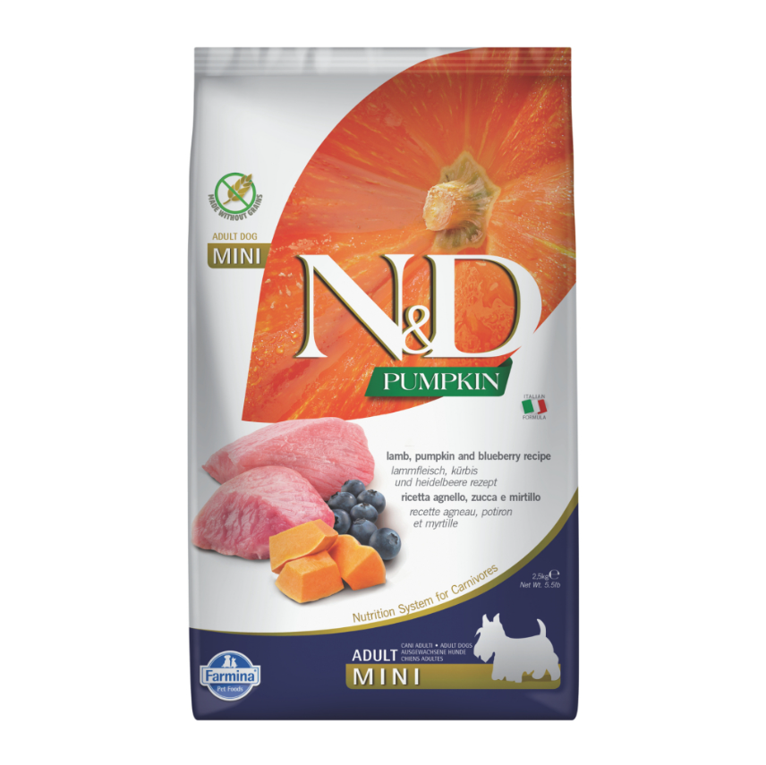 N&D Pumpkin Mini Bal Kabaklı Kuzulu ve Yaban Mersinli Küçük Irk Tahılsız Yetişkin Köpek Maması 2,5 kg / 7 kg