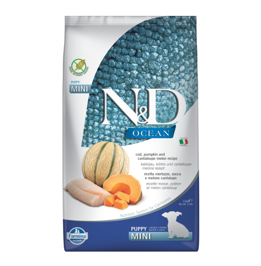 N&D Mini Ocean Morina Balıklı Bal Kabaklı ve Kavunlu Küçük Irk Tahılsız Yavru Köpek Maması 2,5 kg