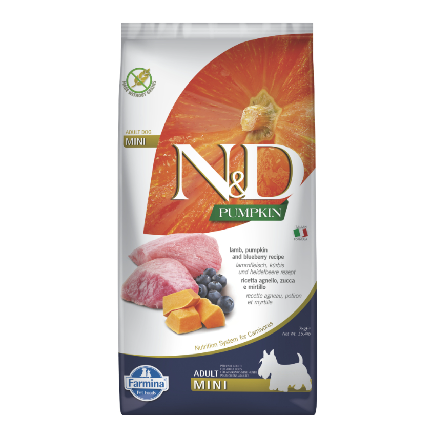 N&D Pumpkin Mini Bal Kabaklı Kuzulu ve Yaban Mersinli Küçük Irk Tahılsız Yetişkin Köpek Maması 7kg