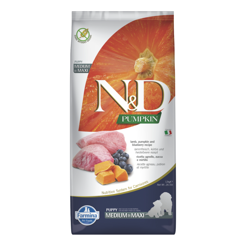 N&D Pumpkin Bal Kabaklı Kuzulu ve Yaban Mersinli Orta ve Büyük Irk Tahılsız Yavru Köpek Maması 12 kg