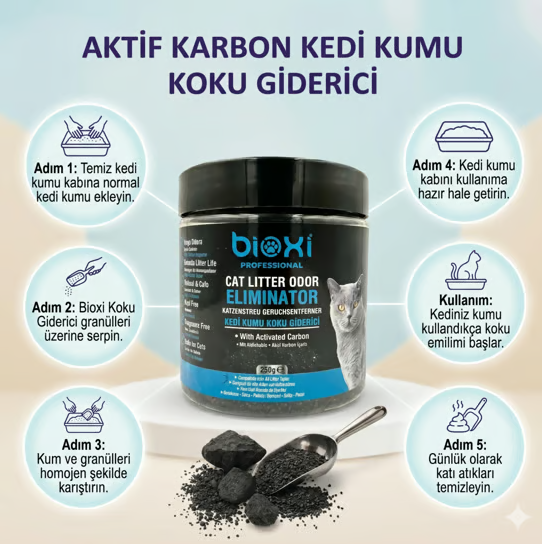 Bioxi® Aktif Karbon Kedi Kumu Koku Giderici 250 Gr – Doğal Aktif Karbon Granül Koku Önleyici